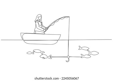Illustration of businesswoman try to get fish but not getting one concept of unsuccessful. Continuous line art style
