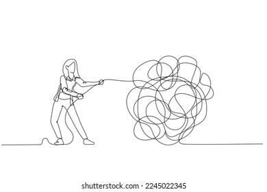 Illustration of businesswoman try to unraveling tangled rope concept of solution and problem solving. Single continuous line art style