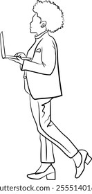 Illustration of a businesswoman using a laptop while walking, Line art of businesswoman