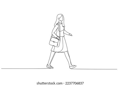 Illustration of businesswoman walking in a hurry past for business travel. Single continuous line art style
