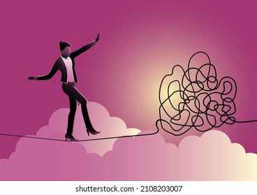 An illustration of a businesswoman is walking on a tangled line