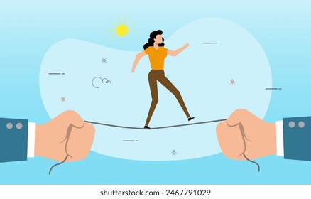 An illustration of Businesswoman is walking a tightrope holding by hand. the concept of business risk and success.