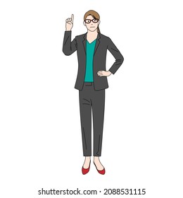Illustration of a businesswoman wearing glasses with her index finger raised (white background, vector, cut out)