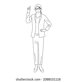 Illustration of a businesswoman wearing glasses with her index finger raised (white background, vector, cut out)