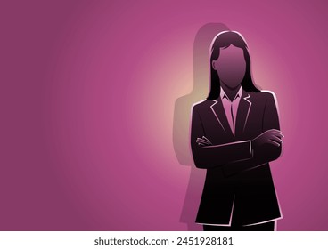 An illustration of a businesswoman wearing suit with arms crossed. Business metaphor