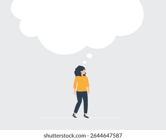 Illustration of a businesswoman who thinks big. Woman with large speech bubble, creative business ideas and imagination. Concept of innovation, communication and women empowerment. Vector illustration