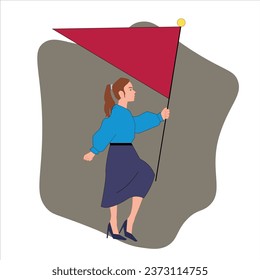 illustration of Businesswoman  working at a startup company raising a flag , Woman Entrepreneur , Young girl with a flag 