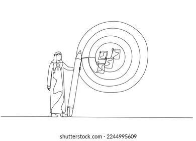 Illustration of businesswoman write down goal on notes and put on big dartboard concept of target setting. Single continuous line art style