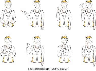 Illustration of a businesswoman's pose (upper body) Greeting, guidance, good, inspiration, arms crossed, guts, thinking, handshake