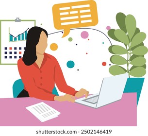 illustration of a bussines woman perhaps a secretary typing on a laptop, suitable for illustrations with business, finance, education and work themes