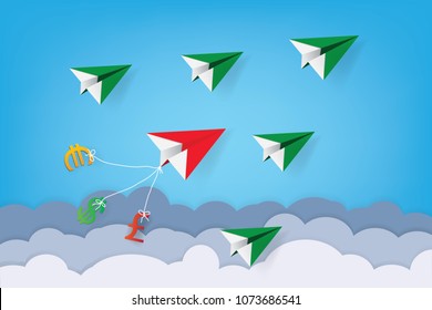 Illustration of bussiness concept.A plane paper going for business success.Success comes from a good team.Leadership of bussiness.