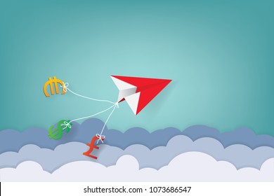 Illustration of bussiness concept.A plane paper going for business success.Leadership of bussiness.
