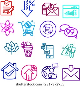 Illustration of bussiness icons set. Included icon as online shopping, team work, bussiness report, weather forecast signs, microscope, innovation, music phone signs, employee hand, packing box.