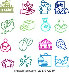 Illustration of bussiness icons set. Included icon as online shopping, team work, bussiness report, weather forecast signs, microscope, innovation, music phone signs, employee hand, packing box.