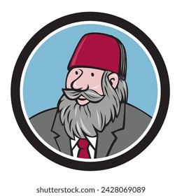 Illustration of a bust of man with beard wearing maroon fez hat and suit looking to the side viewed from front set inside circle done in cartoon style.