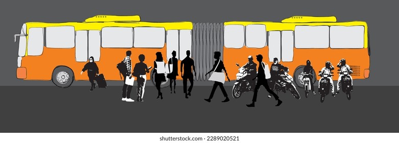 Illustration of busway atmosphere, buskers and motorbike taxis. (ojeg Indonesian term: short-distance transportation services using motorbikes)