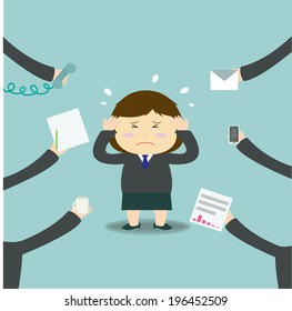 Illustration of busy business woman with too much workload