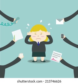 Illustration of busy business woman with too much workload 