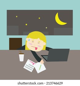 Illustration of busy business woman with too much workload 