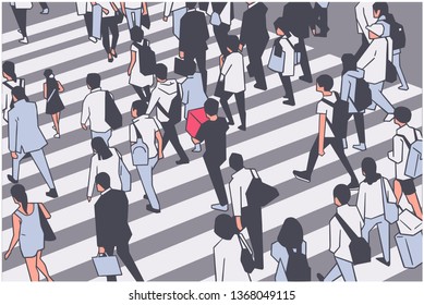 Illustration of busy city crowd crossing zebra