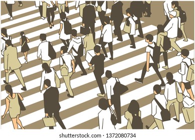 Illustration of busy city crowd crossing zebra