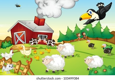 Illustration of a busy farm scene