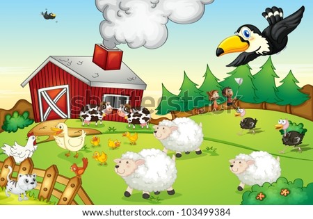 Illustration of a busy farm scene