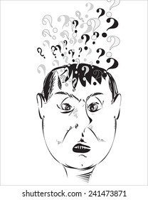 Illustration of the busy head with question marks isolated on white