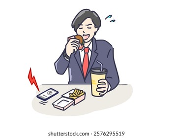 Illustration of a busy man in suit eating fast food in a hurry