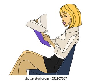 Illustration of busy office woman skimming through paperwork from side view