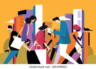Illustration of busy people walking against the backdrop of city landscape