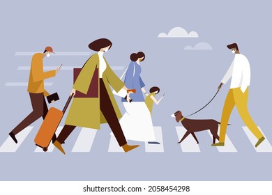 Illustration of  busy people wearing protective face mask walking across the road in a city