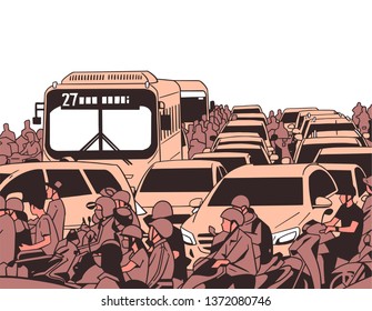 Illustration if busy rush hour traffic with motorcycles, cars, buses, public transport