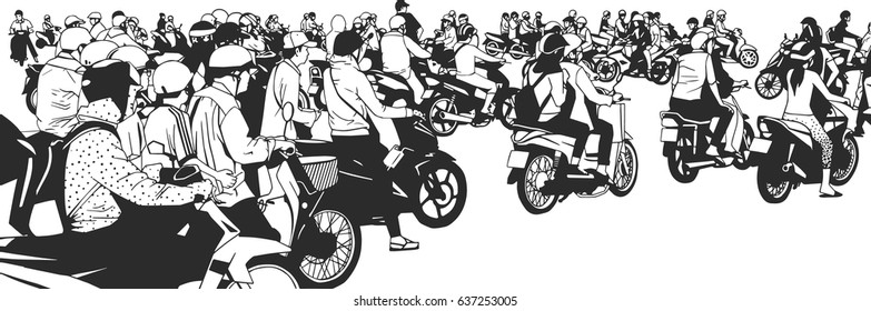 Illustration Of Busy South East Asian Street View With Motorbikes And Mopeds