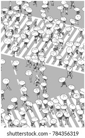 Illustration of busy street crossing from high angle view in black and white grey scale