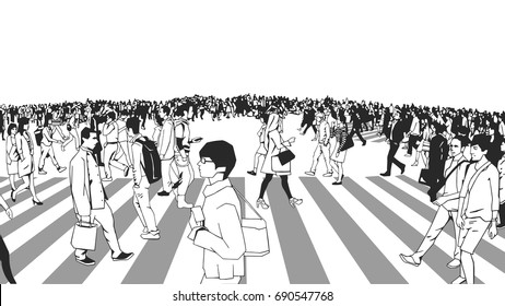 Illustration of busy street crossing in perspective