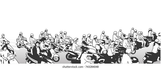 Illustration of busy street with motorbikes mopeds and motorcycles in perspective and black and white