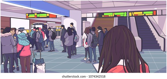 Illustration Of Busy Subway, Metro, Underground, Train Station With People Waiting, Standing In Line On Platform And Boarding Car