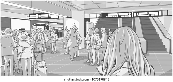 Illustration Of Busy Subway, Metro, Underground, Train Station With People Waiting, Standing In Line On Platform And Boarding Car