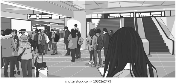 Illustration of busy subway, metro, underground, train station with people waiting, standing in line on platform and boarding car