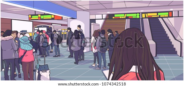 Illustration of busy subway, metro, underground,\
train station with people waiting, standing in line on platform and\
boarding car