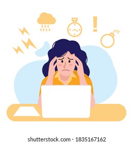 Illustration Of Busy Woman Working On Computer, Vector