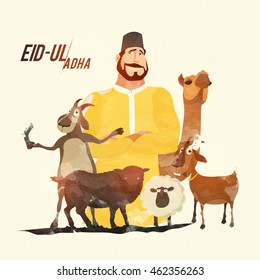 Illustration of Butcher with Animals for Muslim Community, Festival of Sacrifice, Eid-Ul-Adha Celebration.