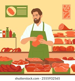 Illustration of a butcher in an apron holding a sausage, surrounded by a variety of fresh meat products on display. Perfect vector illustration for food industry and local market themes.