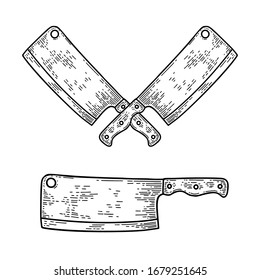 Illustration of butcher cleaver in engraving style. Design element for logo, label, sign, poster, t shirt. Vector illustration