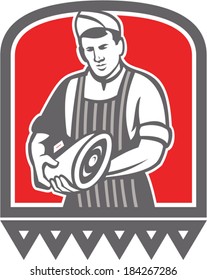 Illustration of a butcher cutter meat worker holding a leg of meat facing front done in retro style on isolated background.