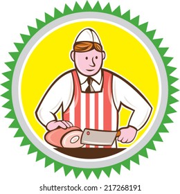 Illustration of a butcher cutter worker holding butcher knife chopping ham set inside rosette shape on isolated background done in cartoon style.