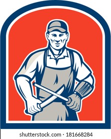 Illustration of a butcher cutter worker sharpening knife facing front set inside shield crest on isolated background.