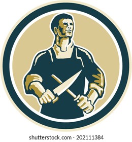 Illustration of a butcher cutter worker sharpening knife set inside circle on isolated background done in retro style. 