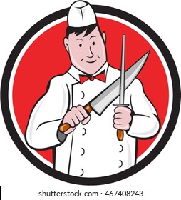 Illustration of a butcher cutter worker sharpening knife viewed from front set inside circle on isolated background done in cartoon style.